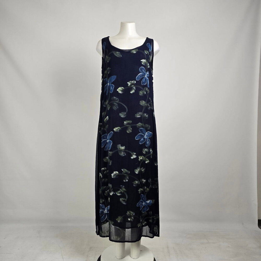 Vintage Sheer Floral Maxi Dress – Navy Blue Mesh Overlay Dress Size M